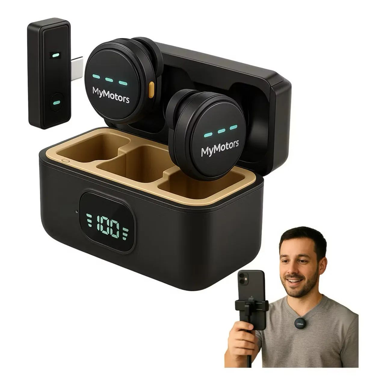 Microfone Lapela Redondo Imã Sem Fio Tipo C Preto Anti Ruído Duplo Para Android E iPhone 