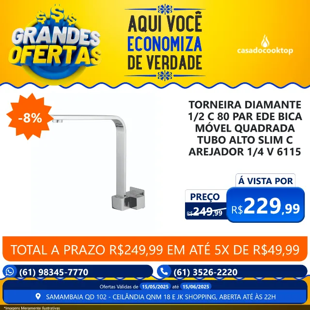 Torneira Diamante 1/2 C80- Parede Bica Móvel Quadrada Tubo Alto Slim c/ Arejador 1/4 V. 61
