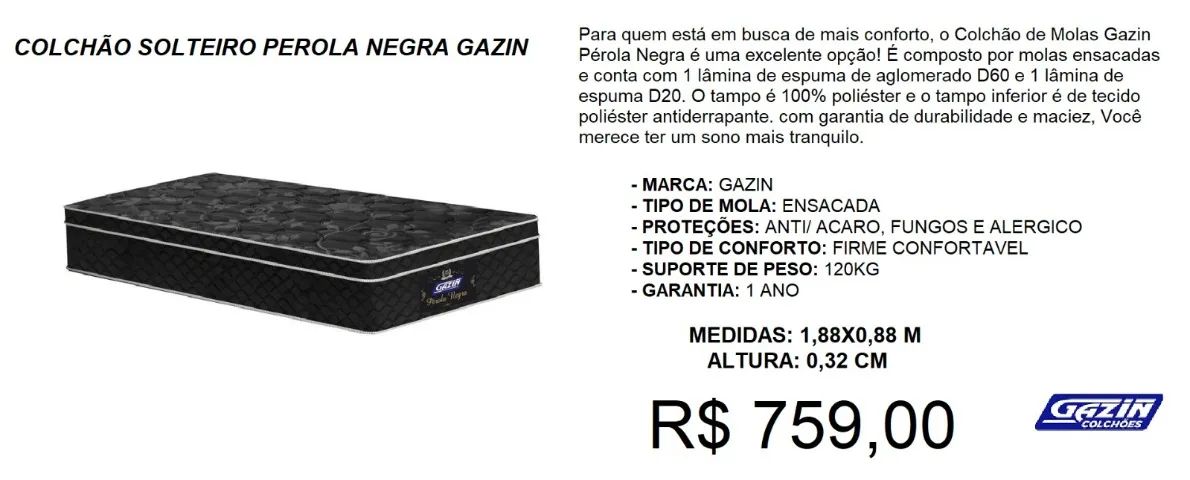 COLCHÃO GAZIN MOLAS ENSACADAS 32CM ALTURA