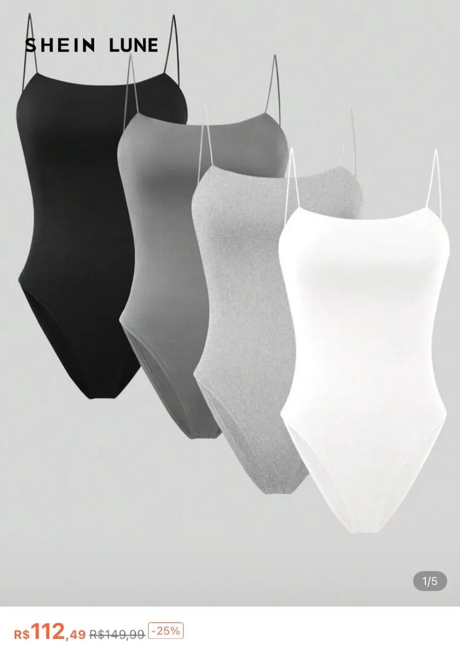 Body Feminino 4 peças - Preto, 2 tons de Cinza e Branco