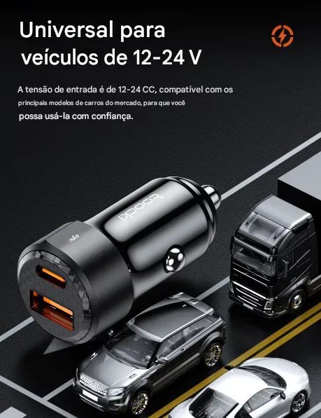 Carregador Veicular Toocki + Cabo - Porta dupla (USB-A e USB-C) - Foto 3
