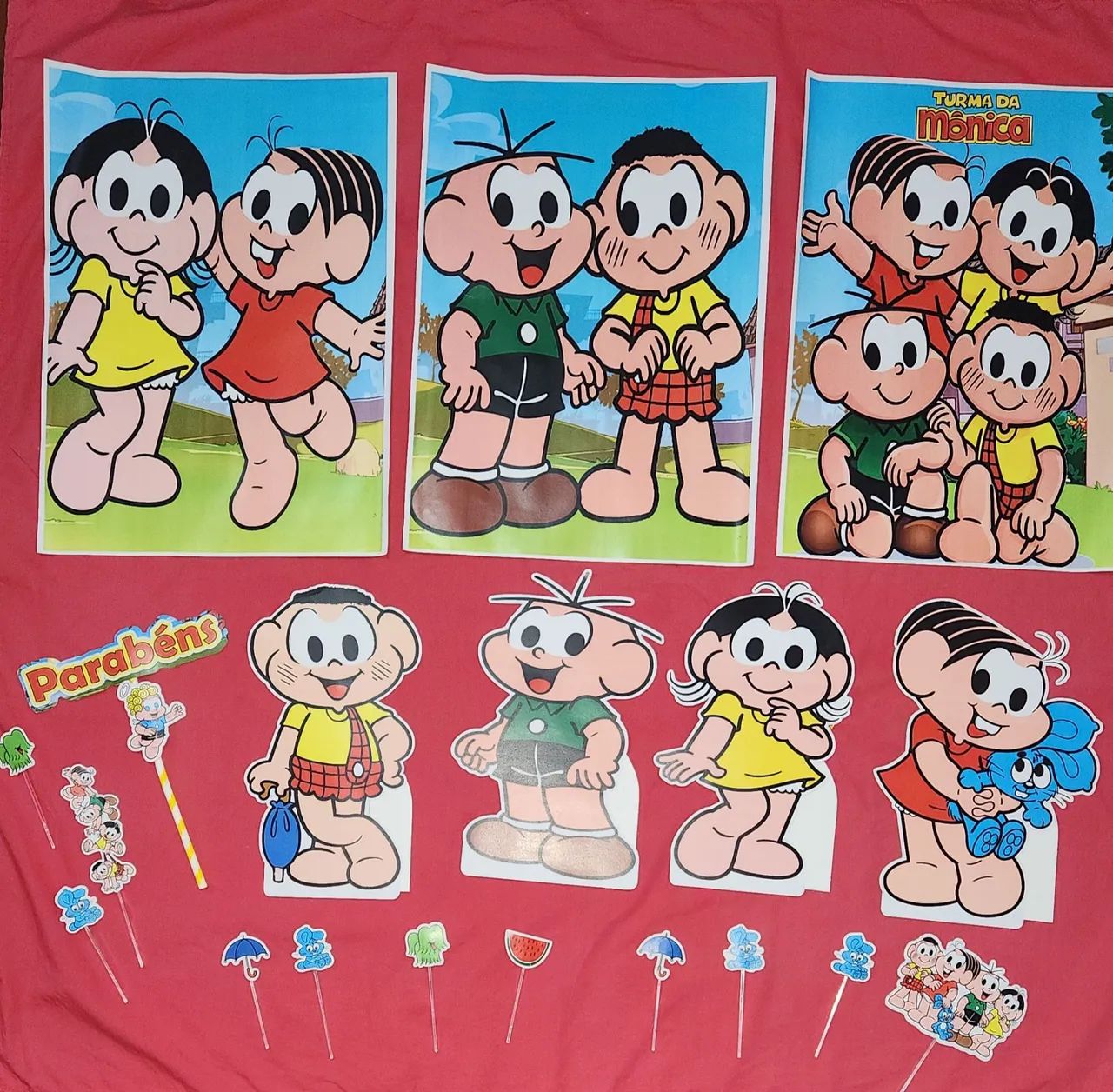 Painel Turma da Mônica 3 + displays de mesa 4 + topperes para doces 