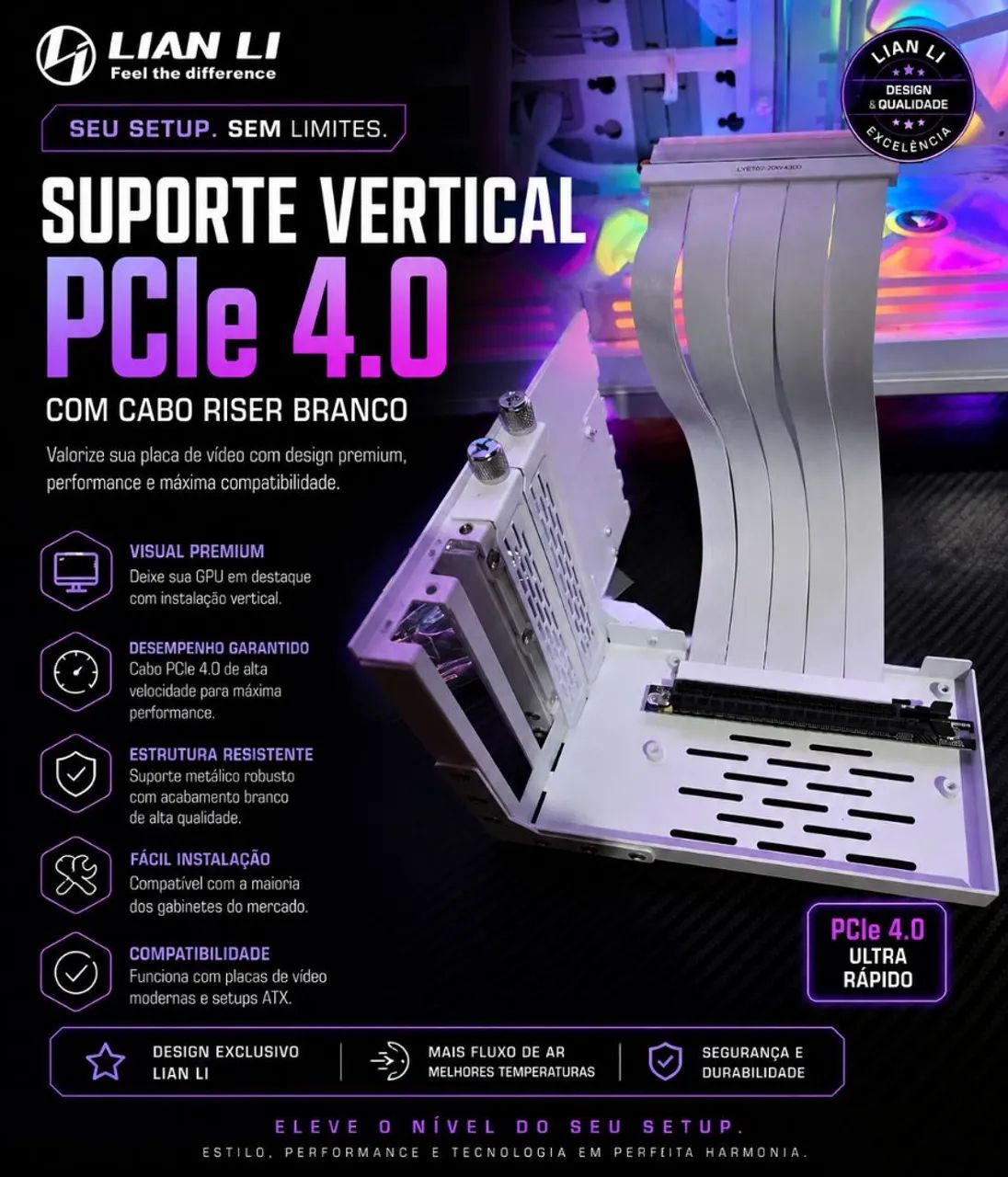 Suporte Vertical GPU Lian Li Universal PCIe 4.0 Branco - Original.
