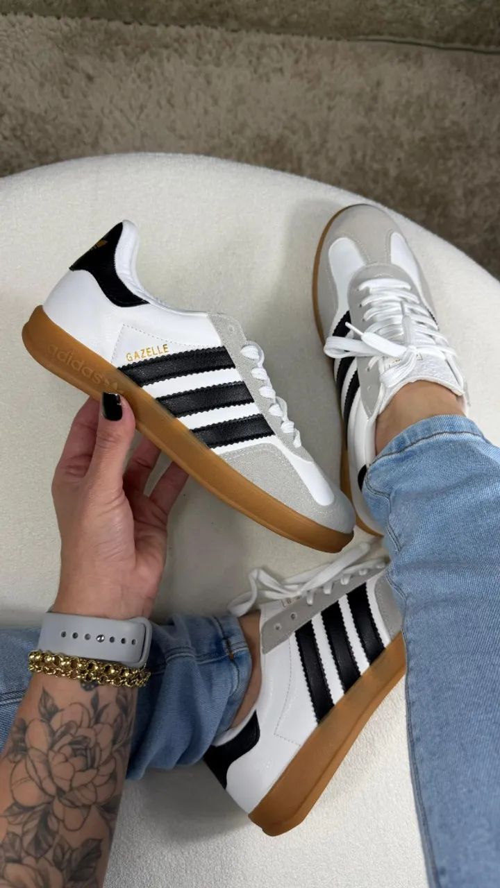 Tênis Adidas Gazelle Camurça Cor: Branco/Preto Solado Emborrachado Feminino (Foto Real) - Foto 3