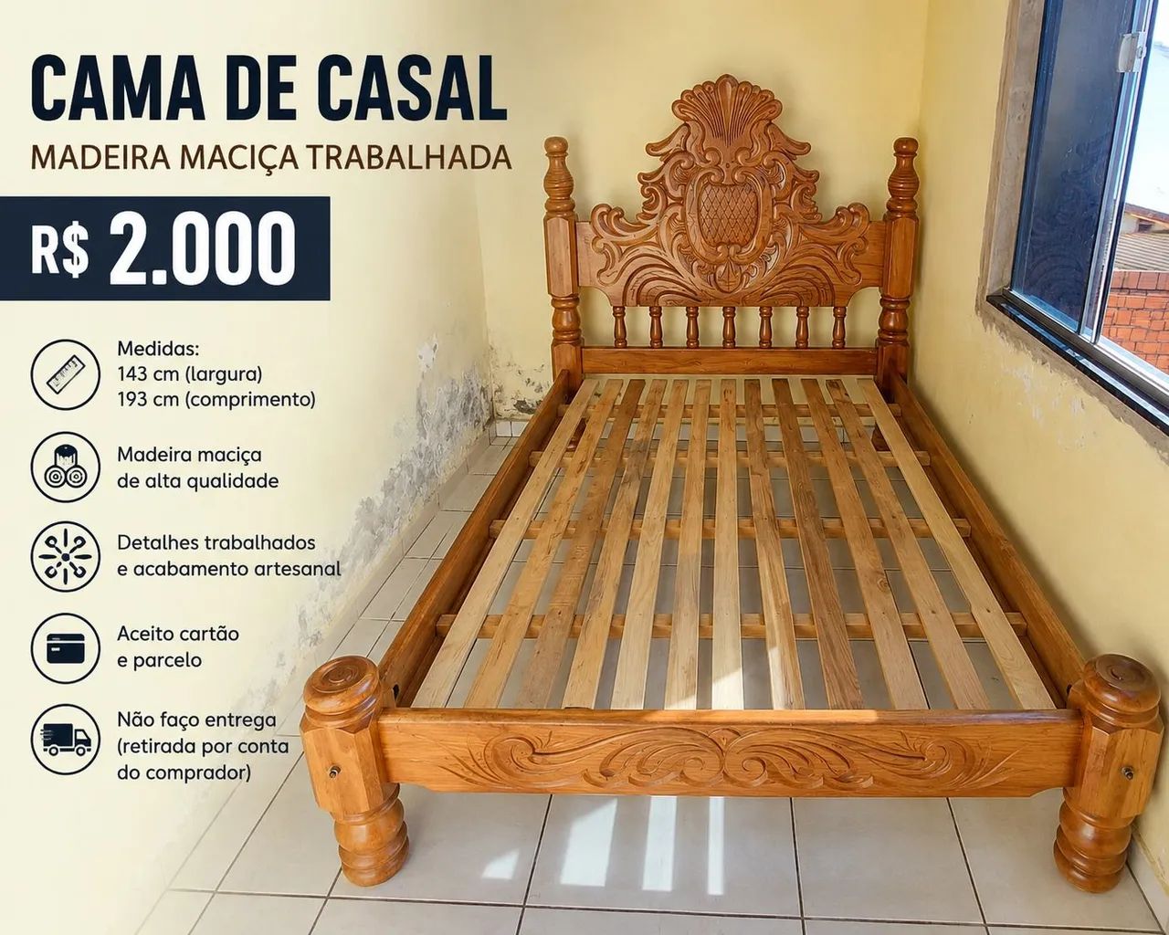 Cama de Casal em Madeira Maciça Trabalhada - R$ 2.000