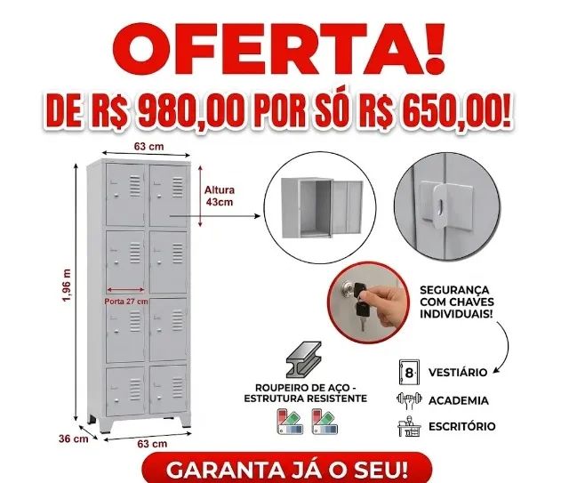 Armário Roupeiro Aço 8 Portas - Super Resistente