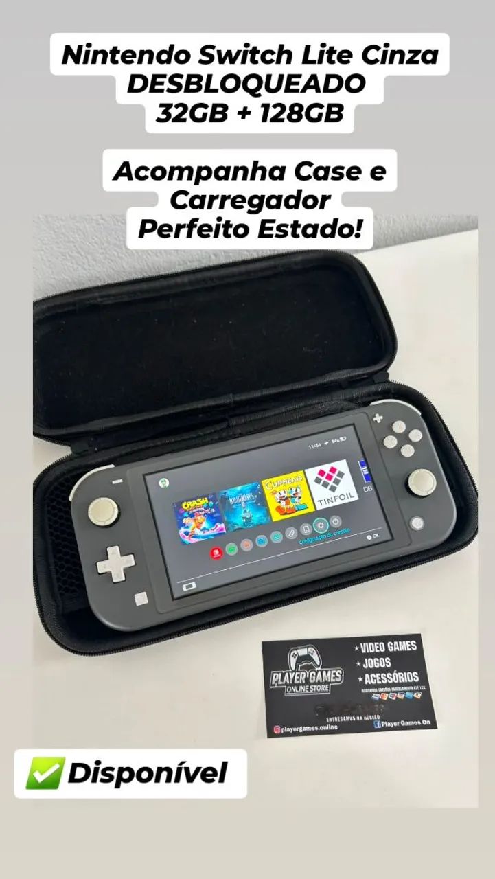 Nintendo Switch Lite Cinza DESBLOQUEADO 32GB + 128GB (Aceito