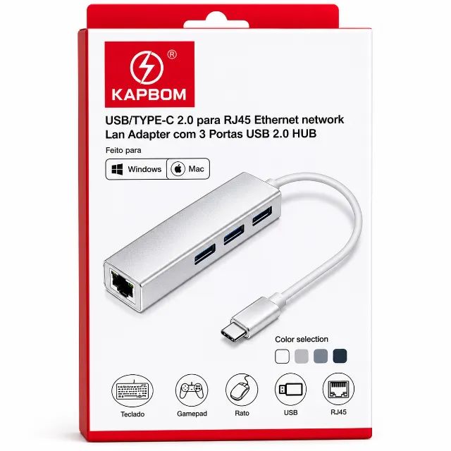 Adaptador HUB USB Type-C para RJ45 Ethernet com 3 USB 2.0 Kapbom Notebook PC pode retirar 