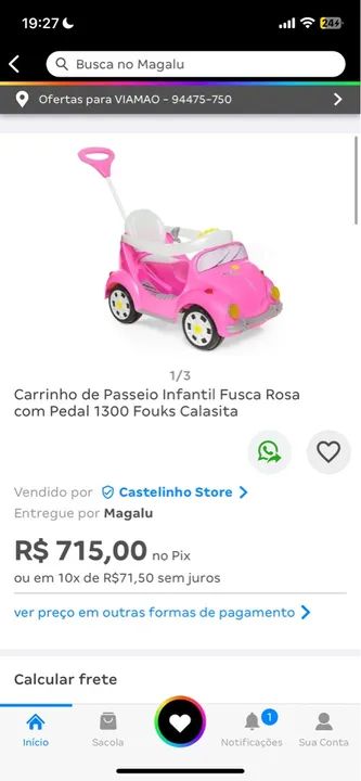 Carrinho de passeio fusca calasita 