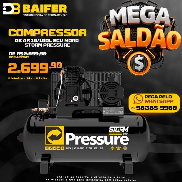Compressor de Ar Industrial 10/100L 2Cv Mono Storm Pressure