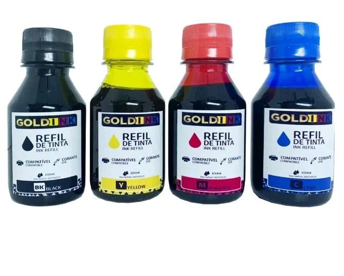 Kit Tintas 4x100ml para Bulk Ink e recarga de cartuchos de impressora.