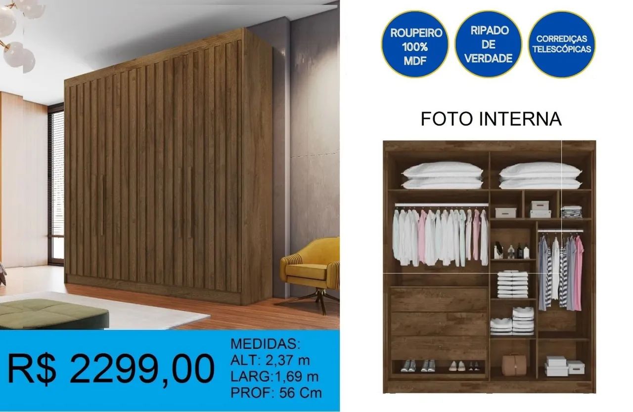 Guarda-roupa super reforçado portas ripadas
