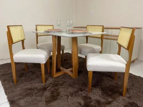 MESA QUATRO CADEIRAS EM MADEIRA JÁ MONTADAS TECIDO LINHO!! 726LO9