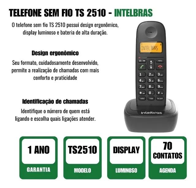 Telefone Sem Fio Digital Ts 2510 Preto Intelbras - Foto 2