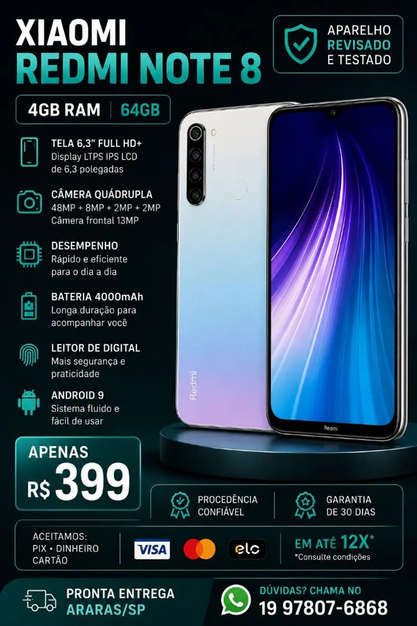 Xiaomi Redmi Note 8 64GB / 4GB RAM - Revisado + Garantia