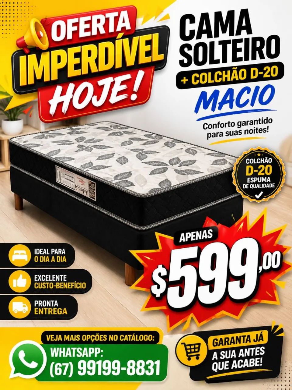 Cama Solteiro com Colchão Espuma Macia - Preço de Fábrica