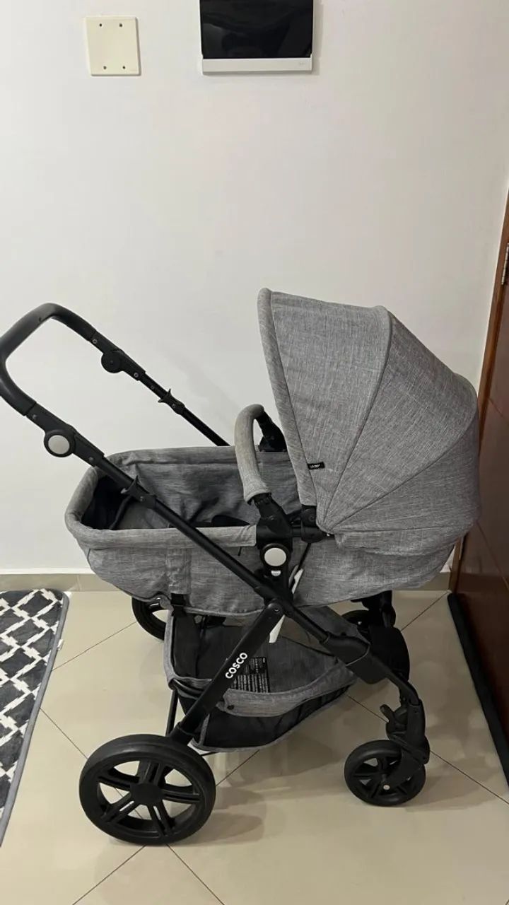 Carrinho Travel System Poppy Cinza Cosco + colchonete p carrinho/moisés Fibrasca (BRINDE)