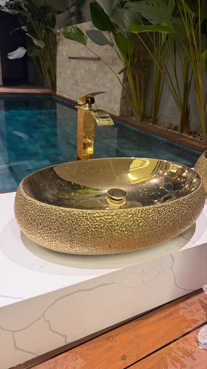 Conjunto Luxo Banheiro Duplo Dourado | 2 Cubas + 2 Torneiras + Bancada - Foto 6