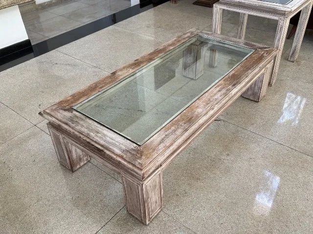 Conjunto Mesa de Centro e Mesa Lateral em Madeira Rústica com Vidros Verdes - Foto 4