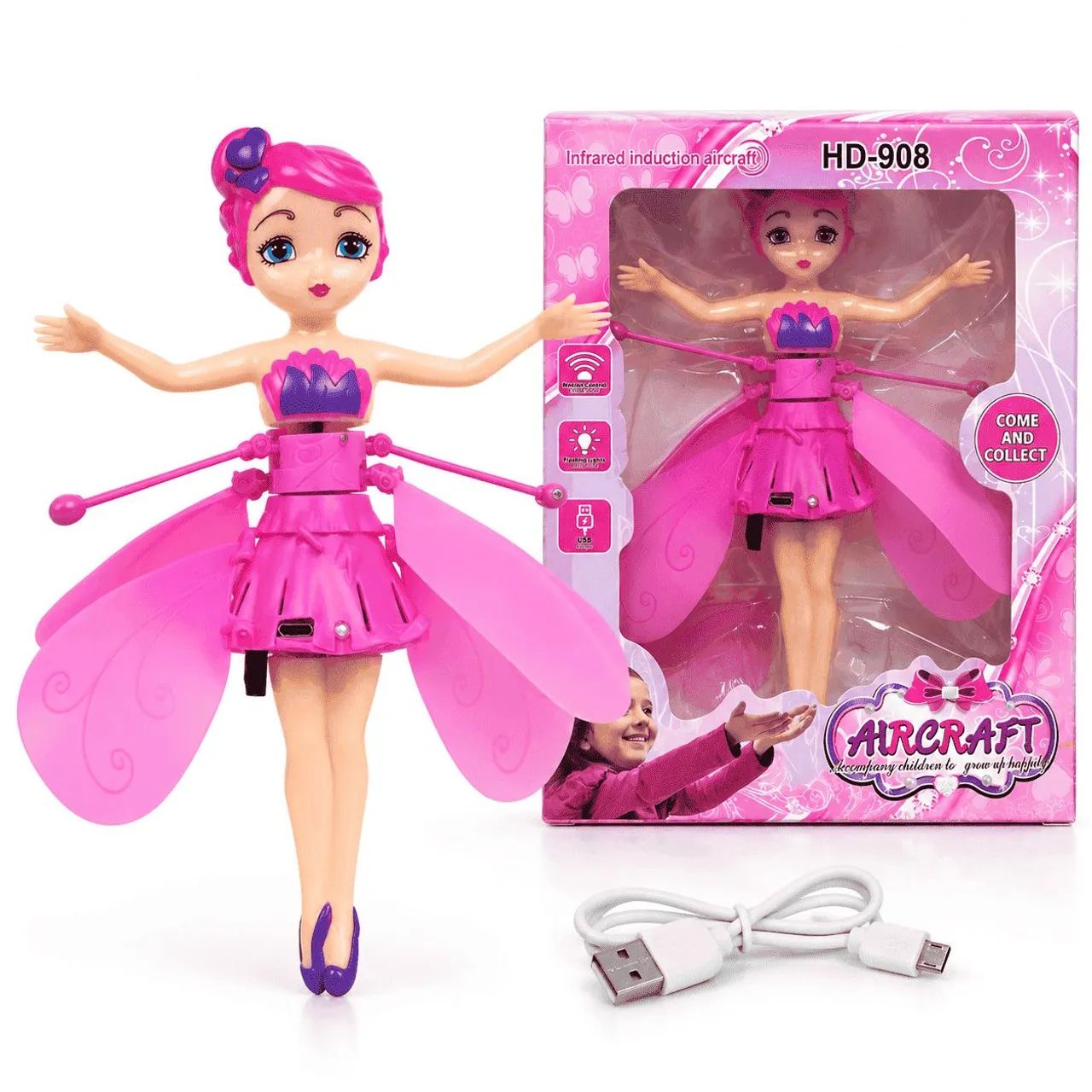Boneca Fada Voadora Com Sensor Led Usb Brinquedo Infantil