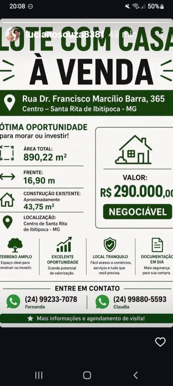 Lote e Casa a Venda Santa Rita do Ibitipoca ( Rua do Copasa)
