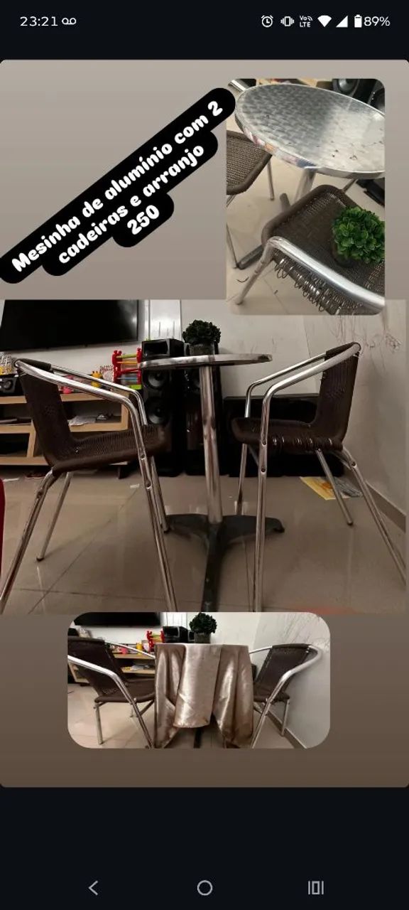 Mesinha de alumínio com 2 cadeiras e arranjo. 250 tudo!