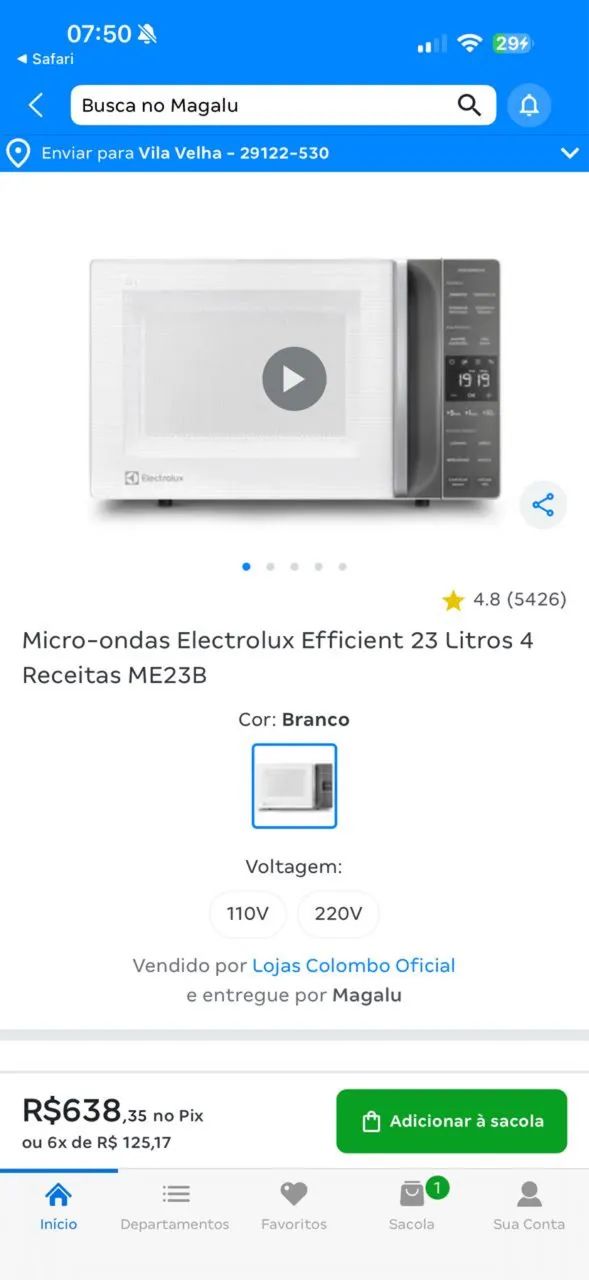 Microondas 23 litros Electrolux 