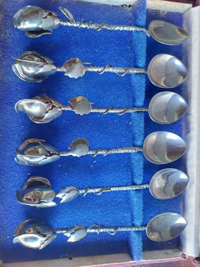 Antigo raro jogo café prata 90 artesanal floral  - Foto 3