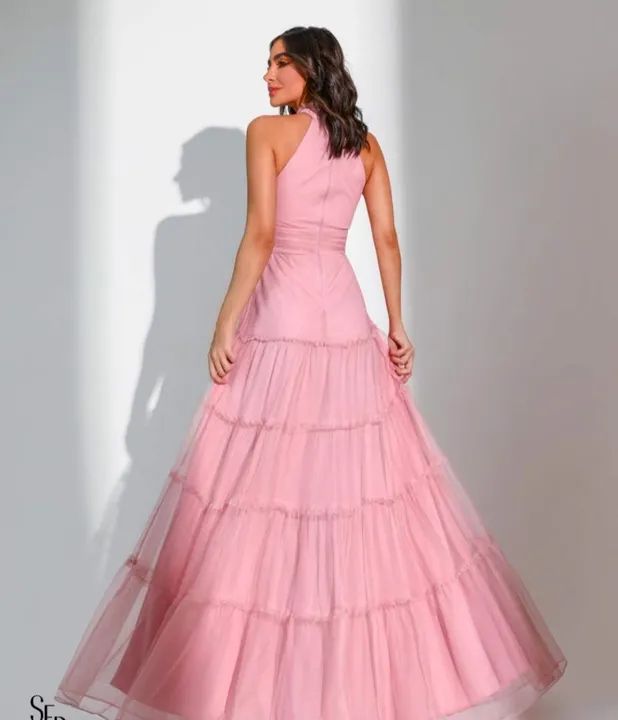 Vestido Longo Tule Gola Alta - Rose - Foto 4