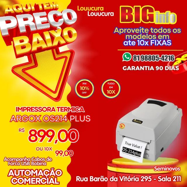 Impressora De Etiquetas Argox OS 214 Plus, 203 DPI, USB - 10x Fixas 