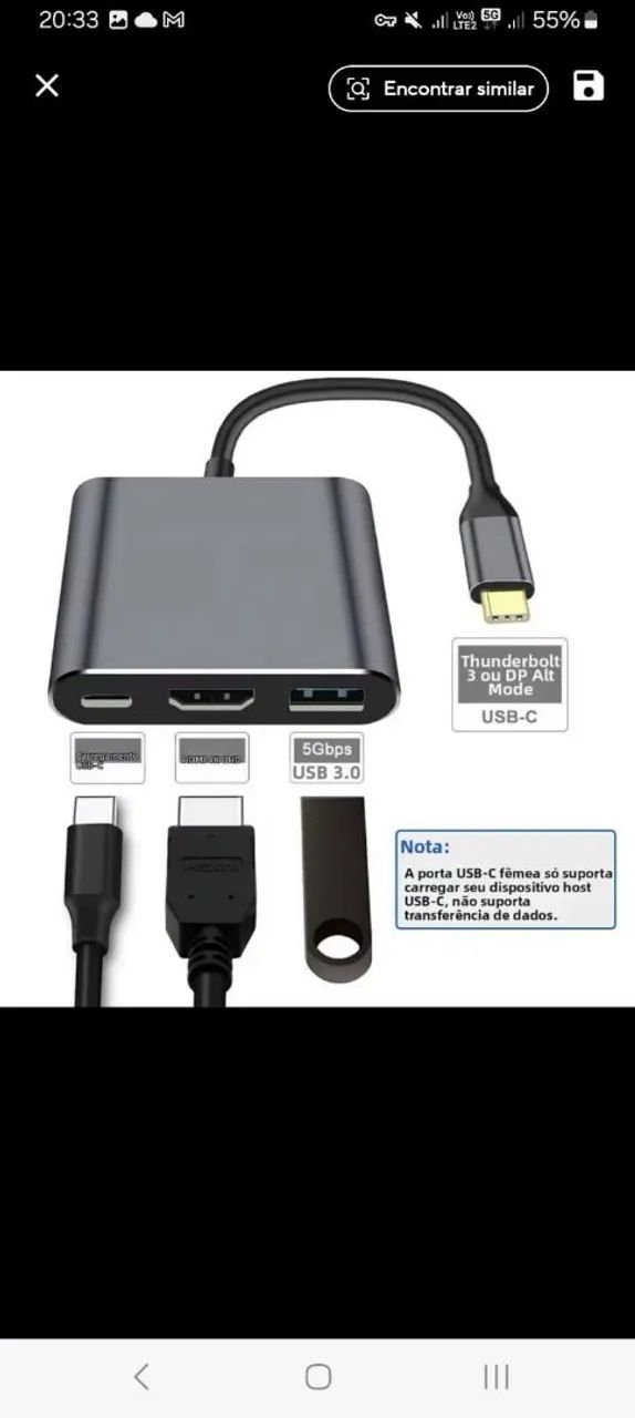 Hub 3 em 1 USB-C com HDMI, USB-A, PD - Foto 4
