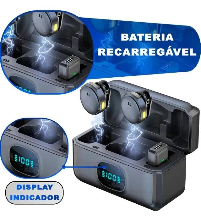 Microfone De Lapela Sem Fio Magnético Para iPhone ou Android Preto 20m - Foto 5