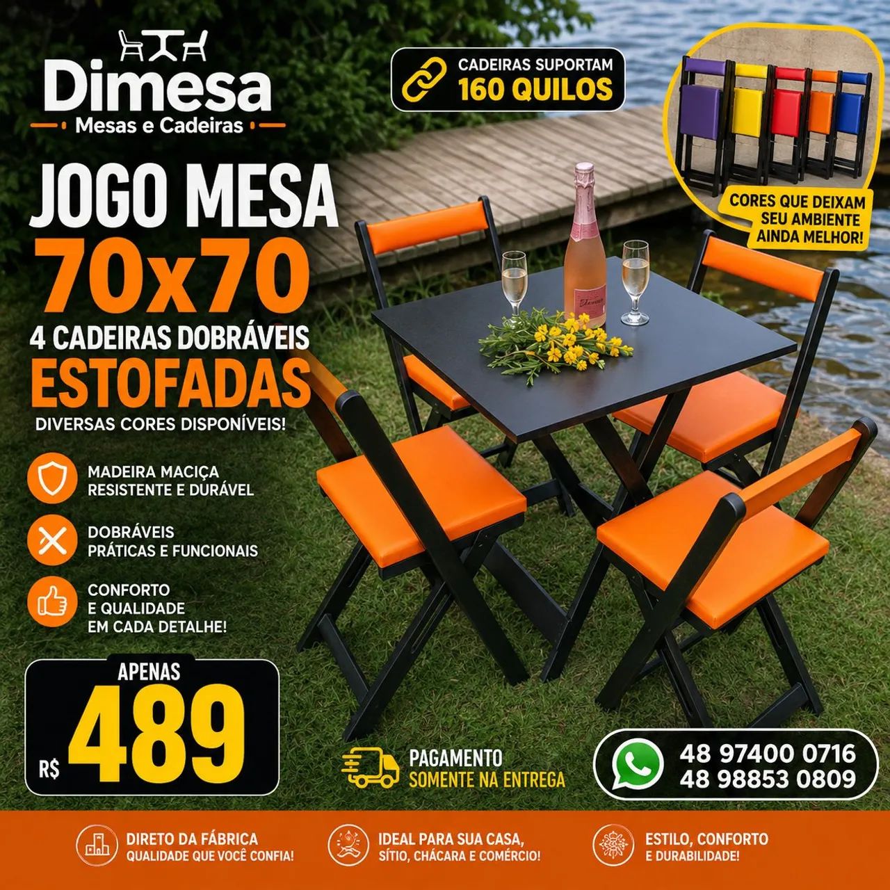 Conjunto estofado 70x70 com 4 cadeiras dobráveis 