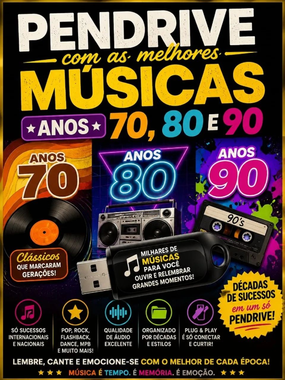 Pendrive Com 1000 Múslcas Anos 70, 80 E 90 (Flashback)