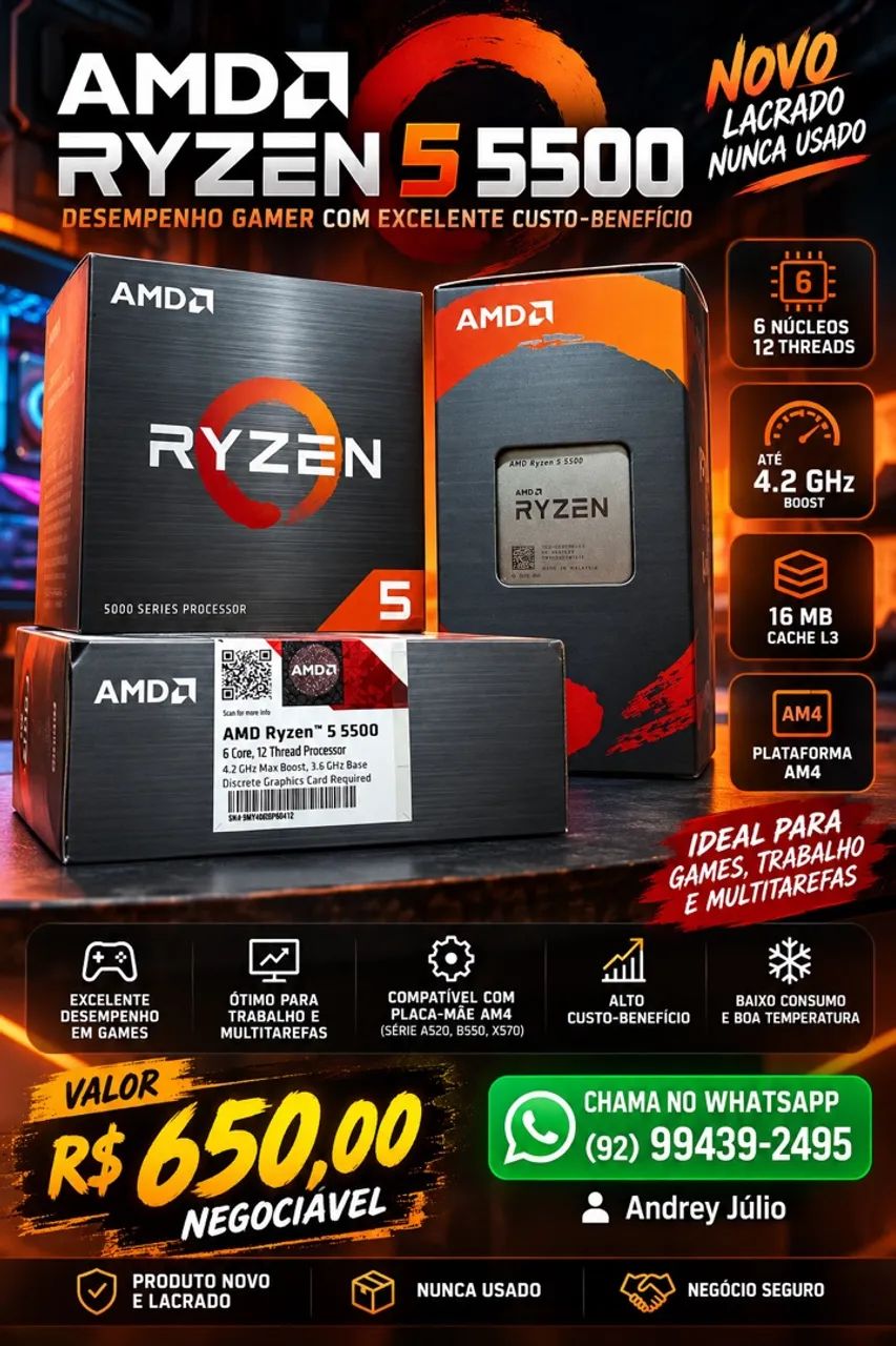 ? AMD RYZEN 5 5500 ? NOVO, NUNCA USADO! ?