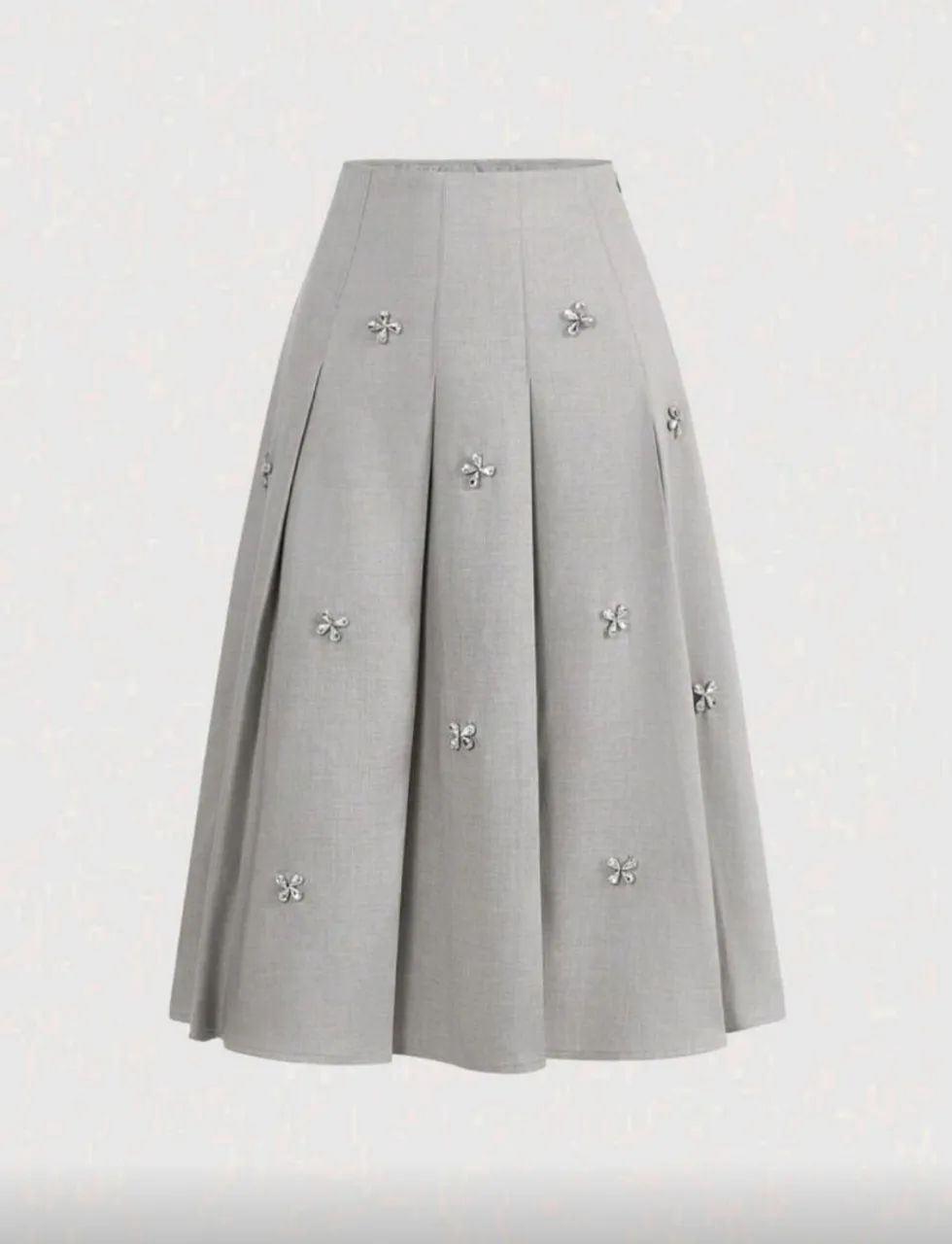 Saia Cinza Clara Plissada<br>com Decoração de Strass Elegante Feminina
