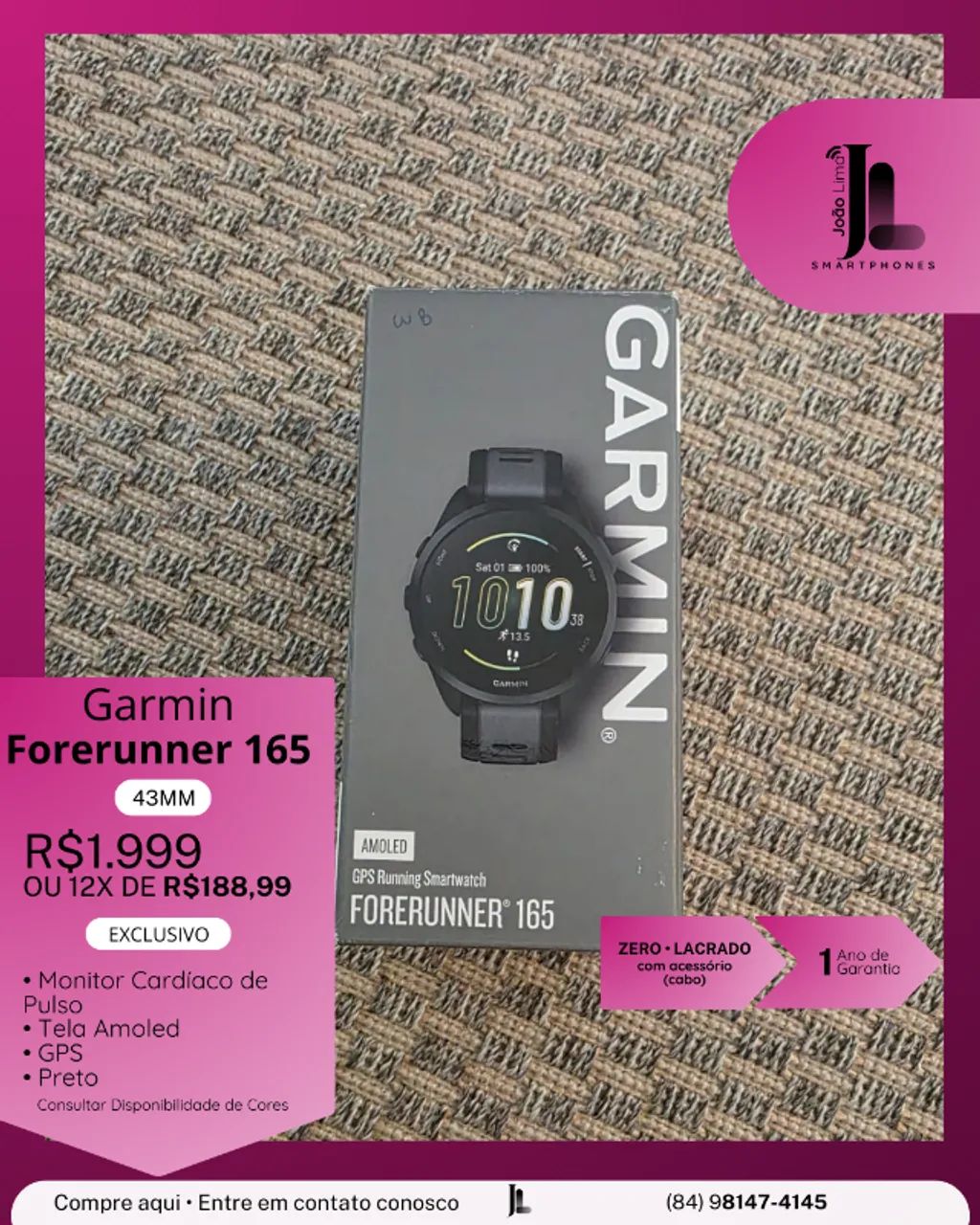 RELÓGIO GARMIN FORERUNNER 165, PRETO, 43MM, LACRADO, EXCLUSIVO!