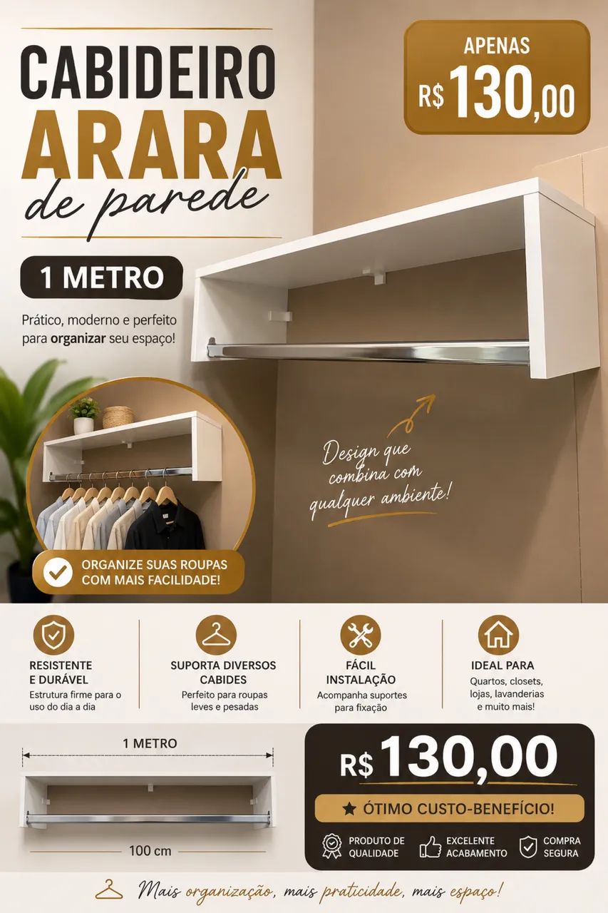 Arara de Parede MDF 1 Metro Organizador