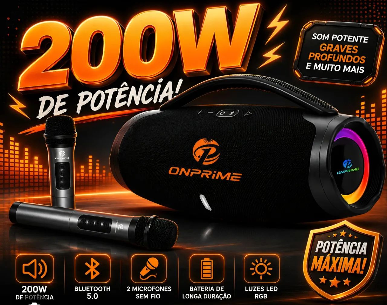 Caixa de som Bluetooth boombox com 2 microfones na caixa de loja
