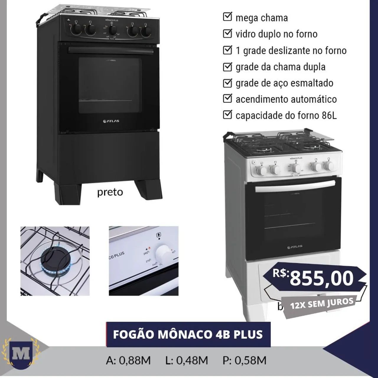 Fogão Atlas Mônaco 4B Plus - 4 Bocas - Branco