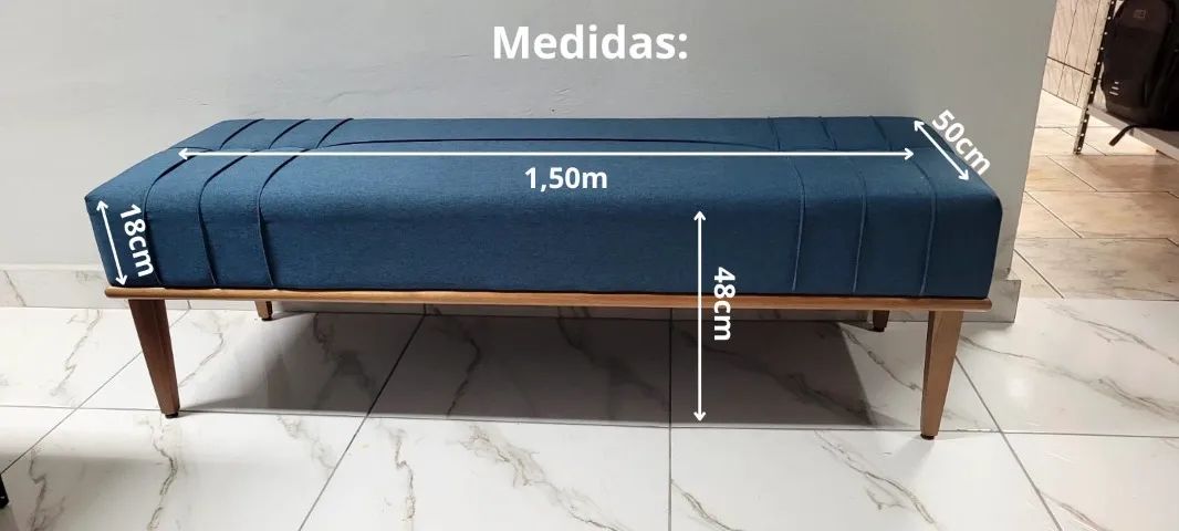 Banco Tipo Recamier em Madeira e LInho Azul