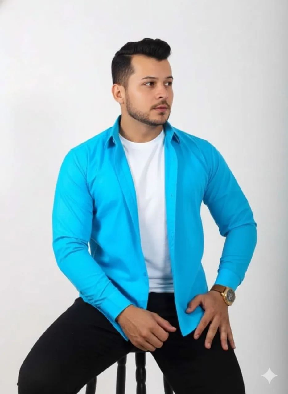 Camisa Manga Longa Azul - P, M e G | Sem Bolso - Foto 3