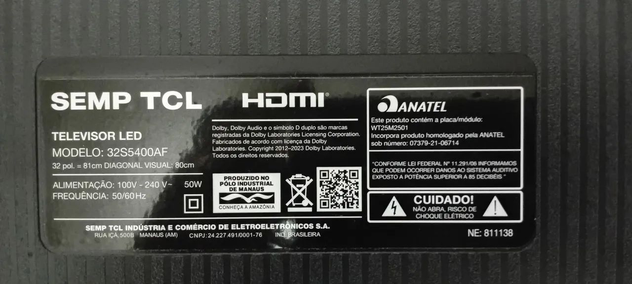  TV TCL 32S5400AF para retirada de peças 