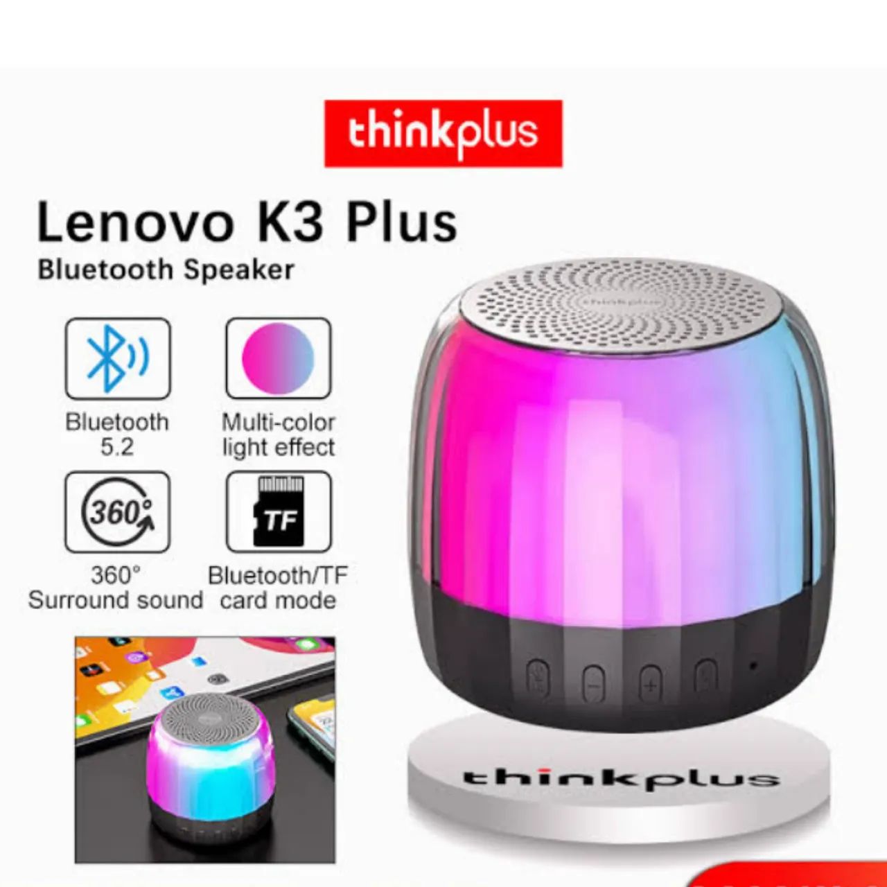 Caixa de Som Bluetooth Lenovo K3 Plus com 360° de Som e Luzes LED