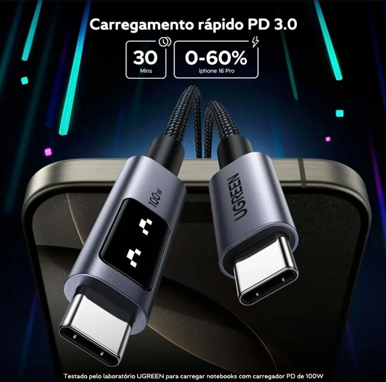 Cabo C turbo Ugreen Uno 100w macbook iphone 1 metro - Foto 2