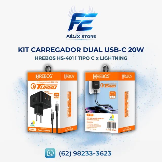  Kit Carregador Hrebos Dual USB-C 20W + Cabo Lightning (Turbo)