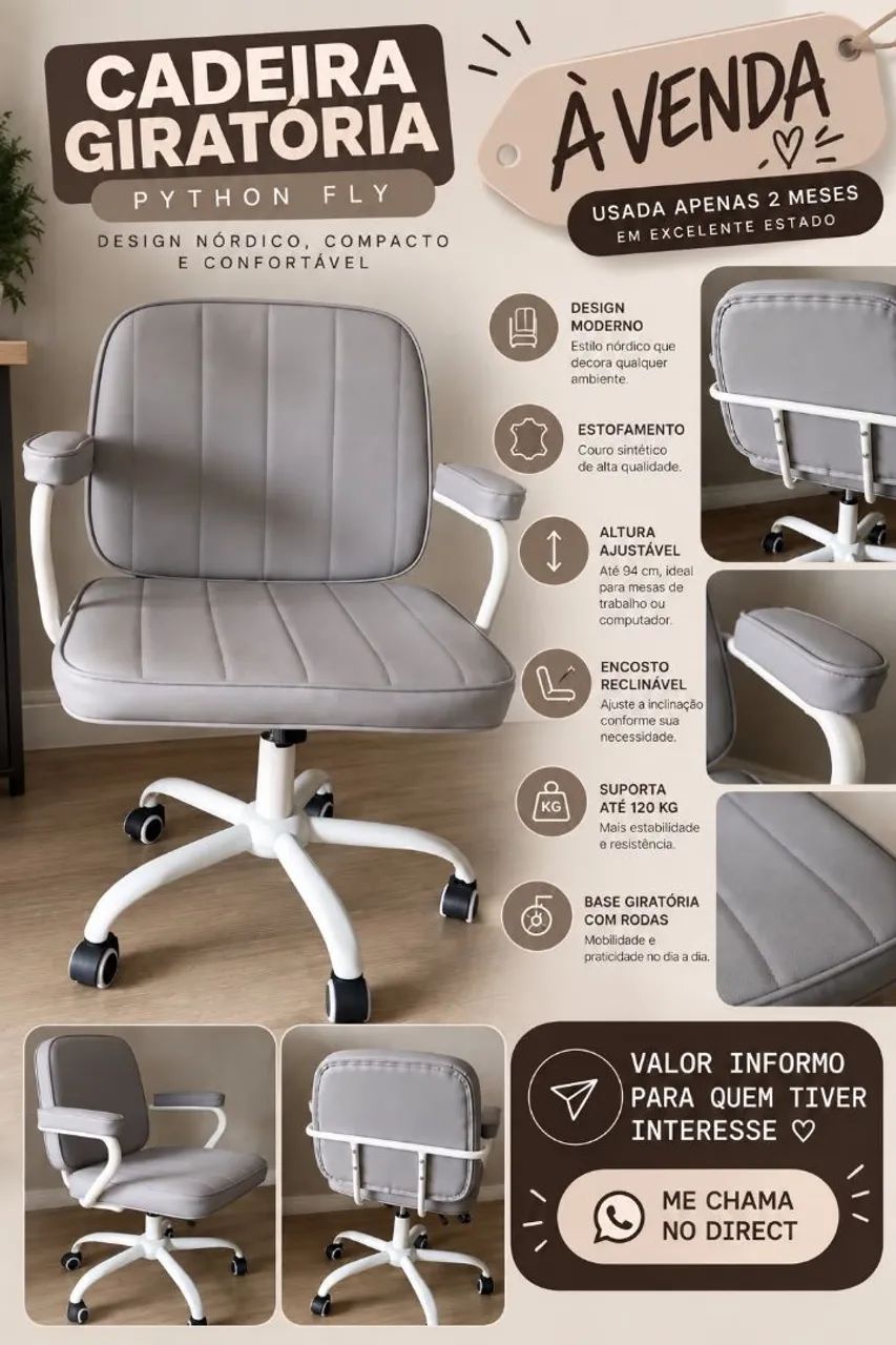 Cadeira De Escritório Ergonômica Python Fly Couro Sintético Cor Cinza