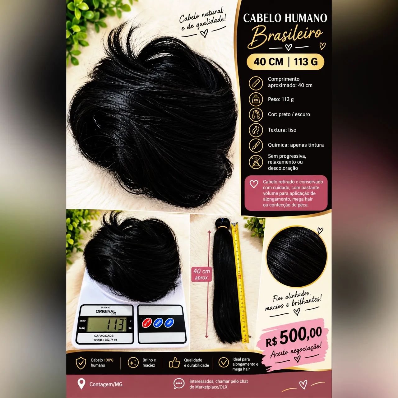 Cabelo Humano Liso - cor preto