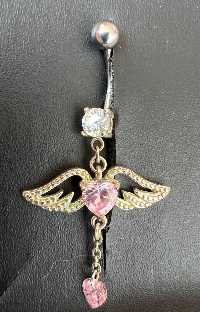 Piercing de umbigo em prata, zircônia rosa e haste em aço cirúrgico 