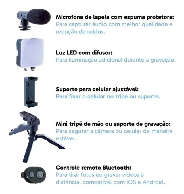 Suporte para Celular com Tripé Luz LED para Streaming Podcast Self com Microfone  - Foto 3
